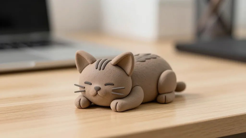 A close-up shot of a tiny sleeping clay kitten figurine on a clean desk, focusing on the intricate texture of the clay with visible whiskers and tiny toes, soft natural lighting, shallow depth of field, warm tones, no text or branding in the frame, the kitten resting on a simple wooden desk with a blurred office background to convey a mood-boosting desk charm vibe.