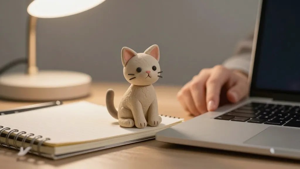 A lifestyle scene showing the clay kitten figurine perched on the edge of a notebook near a laptop, hands lightly resting nearby, soft ambient light from a desk lamp, tactile emphasis on squishy texture and detailed features, background with muted colors to highlight the kitten as a tiny mood booster, no text, clutter-free composition.