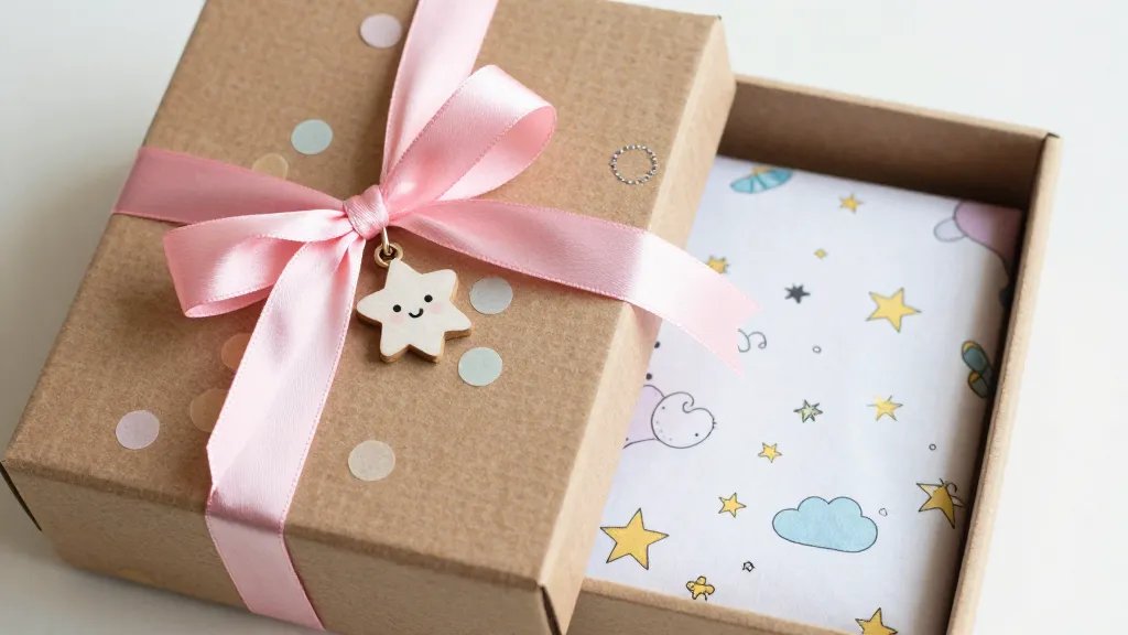A cozy, whimsical gift package for handmade treats: a kraft corrugated box wrapped with a satin pink ribbon, a tiny handmade charm tied to the bow, and soft pastel confetti peeking from the open lid; inside, a neatly wrapped item with a whimsical illustrated tissue pattern featuring stars, clouds, and cute doodles, all captured from a top-down, warm-toned daylight setup that emphasizes the unboxing moment.