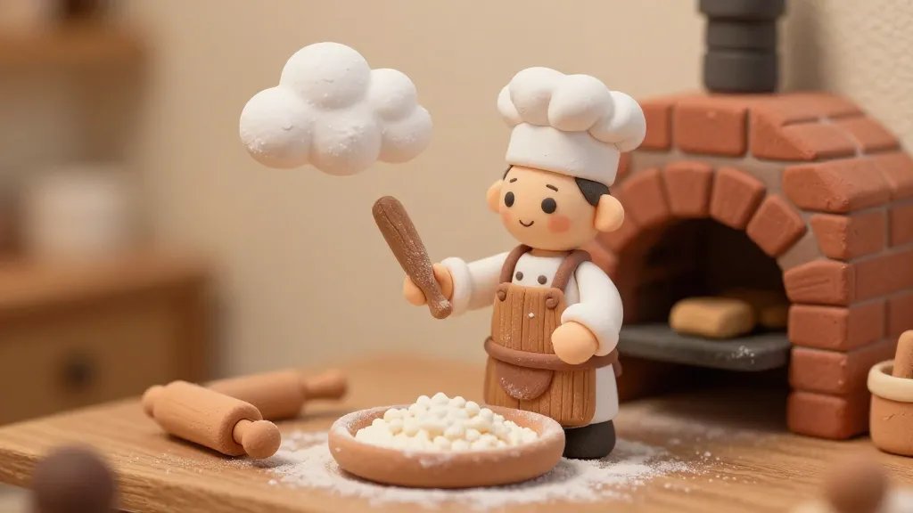 A cozy dollhouse scene featuring a tiny baker figurine crafted from polymer clay, mid-action with a miniature flour-dusting cloud, a tiny wooden apron, rolling pin, and a brick oven in the background; warm, soft lighting emphasizing the miniature textures and imperfect charm, no text visible.