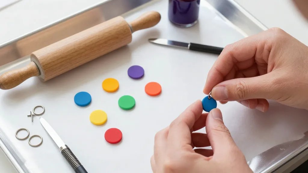 A close-up flat lay of a crafter's workspace with vibrant polymer clay pieces in two chosen colors, a small rolling pin, a precision blade, earring posts and jump rings scattered neatly, aluminum foil lining a baking sheet, and a smooth satin-glossy finish hint (glaze bottle faintly in the background) — no text, bright well-lit setup, hands gently shaping a tiny earring.