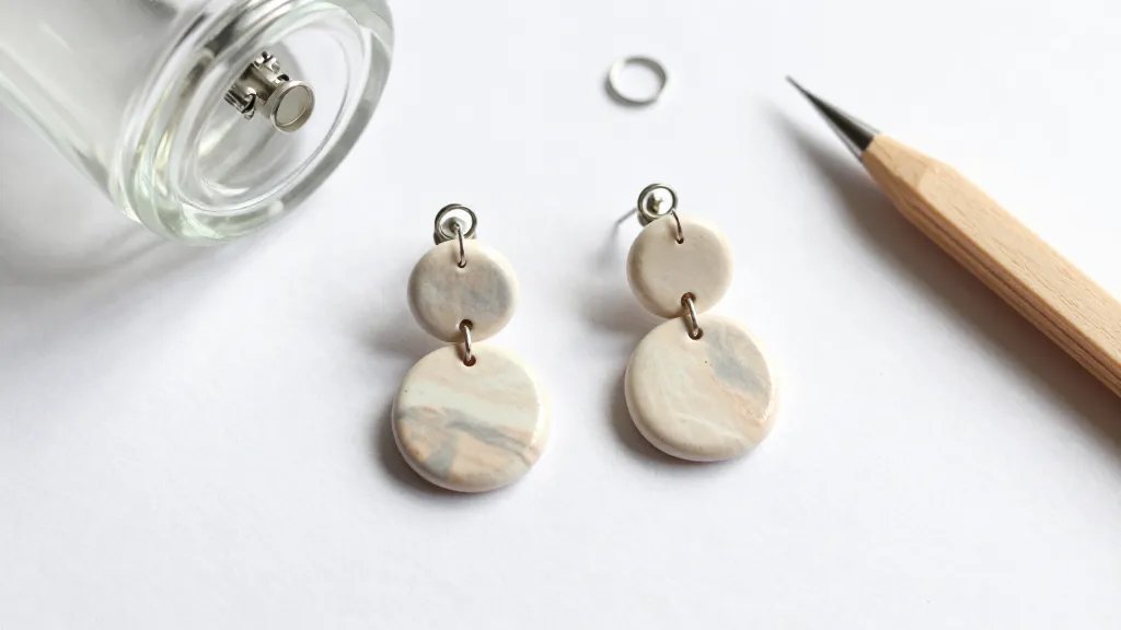 A top-down scene of finished cute clay earrings resting on a clean white surface, featuring two-tone rounded shapes with subtle marbling, paired earring posts and jump rings nearby, a glass bottle rolling pin and a mini nail buffer visible, soft natural light casting gentle shadows, no text.