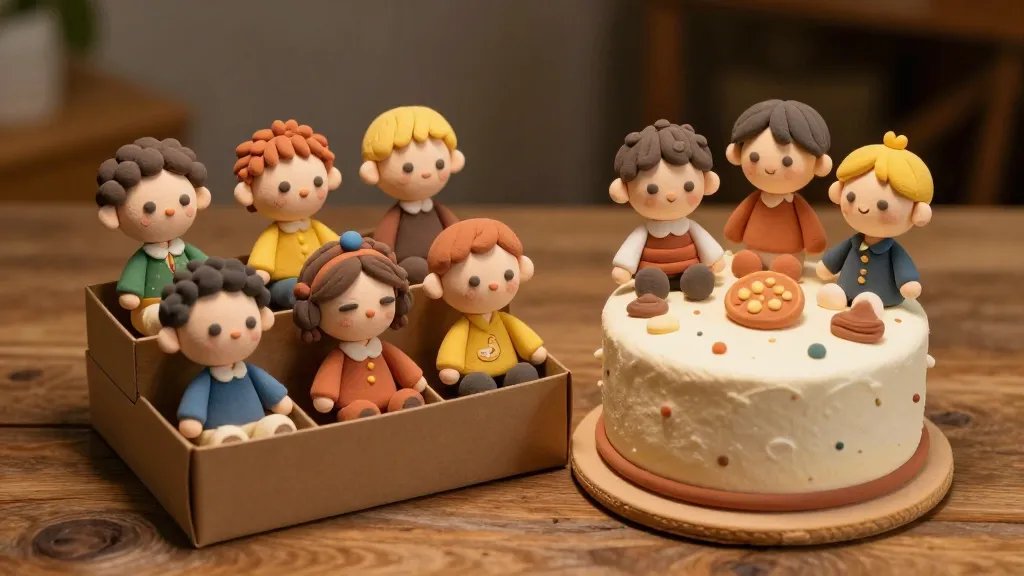 A whimsical bakery scene showcasing multiple handmade clay toppers in a display box: characters with diverse hairstyles and color palettes arranged beside a cake on a rustic wooden surface, warm ambient light, subtle shadows, and a focus on the tactile, matte clay finish to highlight the artisanal feel.