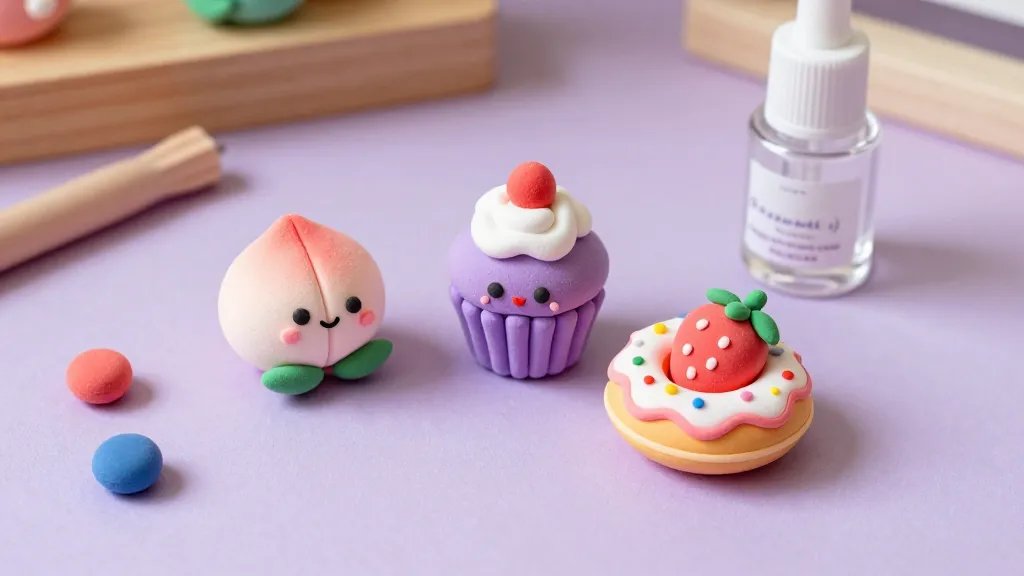 A cozy desk setup showcasing three kawaii clay phone charms (a smiling peach, a lavender cupcake, and a strawberry donut) arranged on a pale lilac surface, with tiny tool props and a clear gloss sealant bottle nearby; warm, natural lighting enhances the bright pastel colors and crisp clay details, suggesting readiness for Instagram-worthy close-ups.