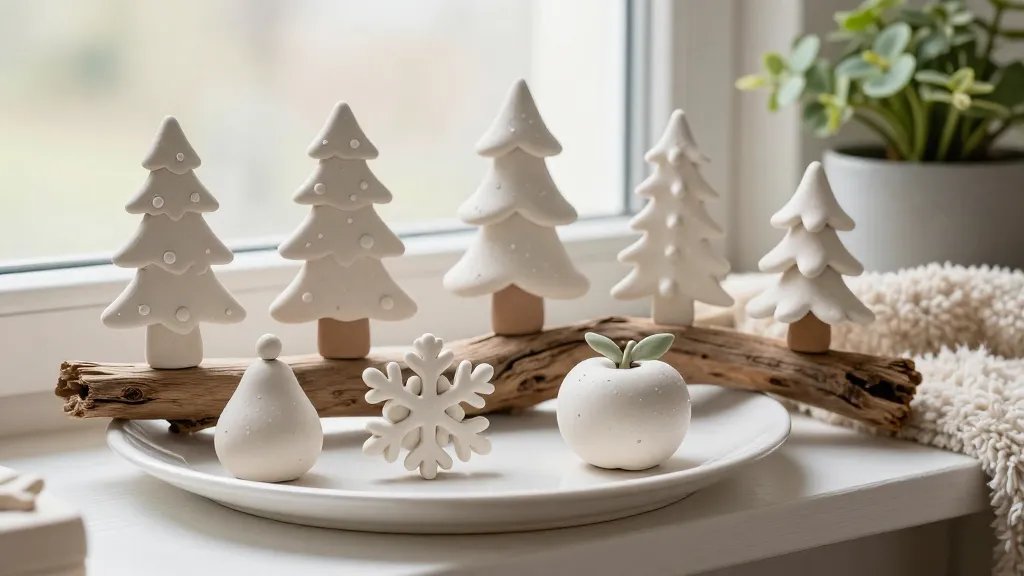A delicate shelf display featuring finished clay ornaments: miniature Christmas trees, snowflakes, and mini fruit-inspired shapes arranged on a white ceramic plate and driftwood riser, with subtle matte varnish shine, natural light from a window, and a cozy seasonal backdrop (plush textiles and potted greenery), no text.