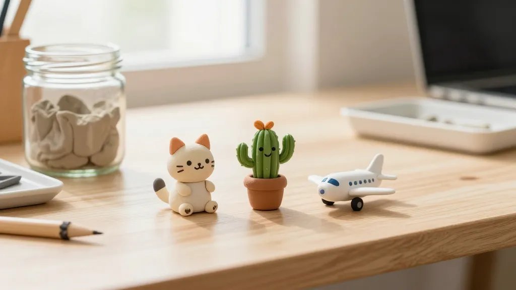 A bright, tidy desk scene featuring three tiny clay desk buddy figurines (a cheerful cat, a smiling cactus, and a tiny airplane) perched on a light wooden desk with a glass jar of drying clay and a small tray, soft natural light from a window, subtle workspace elements in the background, no text.