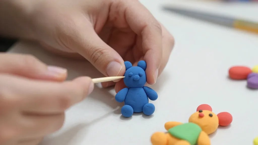 Close-up macro shot of hands shaping a colorful air-dry clay buddy with simple tools (toothpick and plastic knife) on a clean tabletop, with a shallow depth of field showing smooth finished detail on one completed mini figure and unfinished pieces nearby, no text.