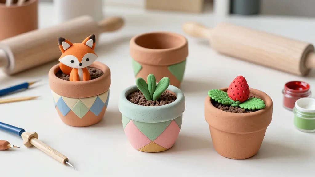 A bright craft desk scene featuring several plant pots decorated with cute clay designs: one pot with a tiny smiling clay fox perched on the rim, another with pastel geometric patterns, and a third adorned with miniature clay fruit toppings like strawberries and mint leaves. The pots sit among sculpting tools, a rolling pin, toothpicks, and paints, with soft natural light highlighting the textures of clay and the glossy sealant finish.