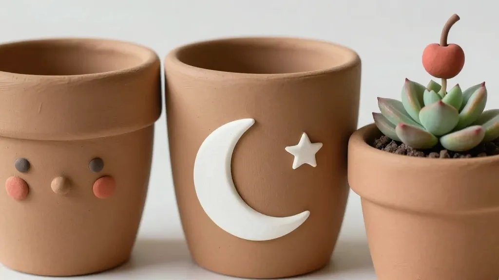 Close-up composition of three clay-decorated plant pots: a pot with a tiny clay face with rosy cheeks, a second pot showcasing a minimalist moon and stars motif, and a third pot with a tiny clay topping (like a cherry aura) atop a simple succulent. Emphasize the tactile clay textures, clean lines, and the finished, sealed surface with a subtle varnish sheen.