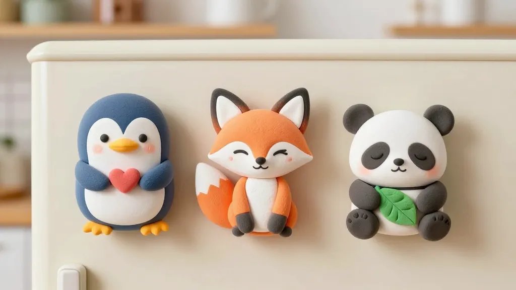 A set of three adorable clay animal magnets on a wooden fridge door: a penguin holding a tiny heart, a fox with a playful wink, and a sleepy panda clutching a leaf; vibrant pastel colors, soft textures showing clay details, with subtle shadowing to suggest depth, and a bright kitchen backdrop blurred in the background (no text).
