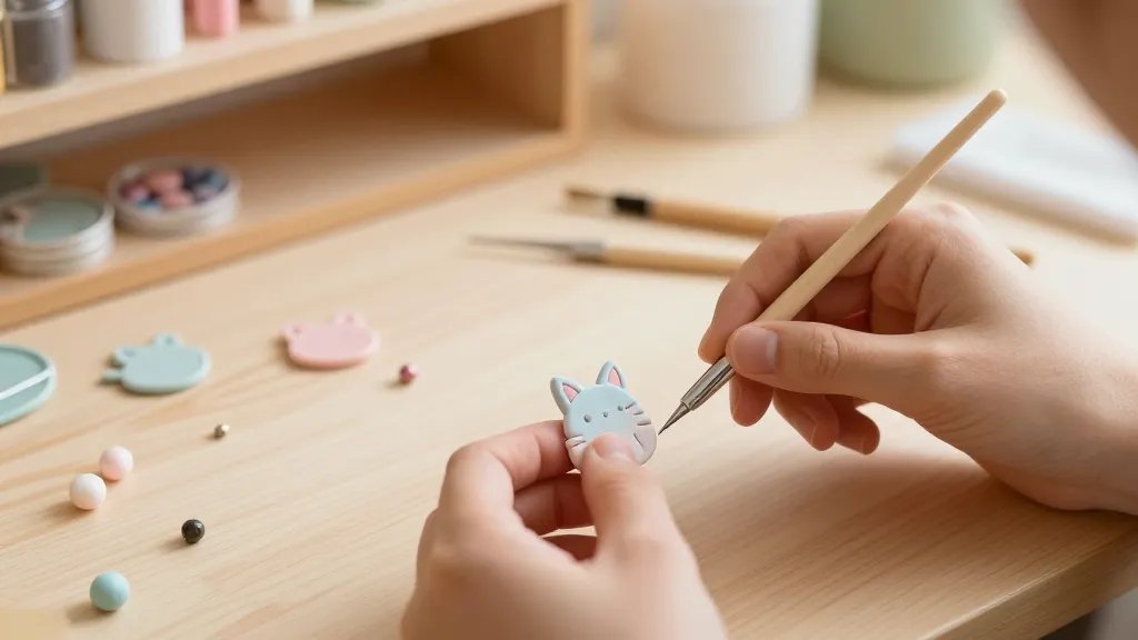 A cozy, sunlit crafting table scene featuring hands shaping pastel-colored polymer clay into a miniature cat charm, with tiny sculpting tools, beads, and a thin glaze brush nearby; the background shows soft, blurred shelves of craft supplies and a small finished cat charm drying on a flat surface, no text visible.