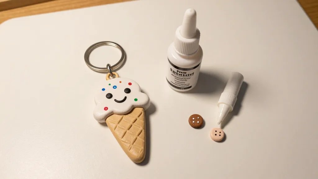 A playful, bite-sized diy gift setup: a hand-painted clay keychain shaped like a smiling ice cream cone, with tiny magnets and glitter accents, placed next to a bottle of sealant, a glue applicator, and a couple of small finished charms, all on a clean white work mat under warm lighting, no text visible.