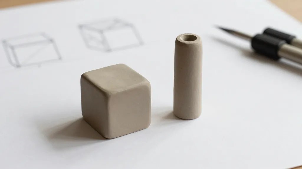 A minimalist tabletop shot of two finished mini clay pieces: one as a polished cube and one as a slender cylinder, both with flawless seams and a subtle matte burnish; in the background a faint silhouette sketch and a tiny toolkit, all in neutral tones to highlight deliberate shapes and controlled curvature.