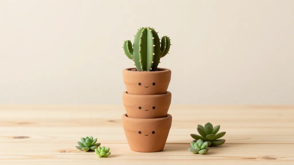 A clean, bright product photography setup featuring a stack of three handmade clay mini planters shaped like friendly cacti with tiny painted faces, arranged on a natural wood surface with soft shadows, a plain pastel background, and a few scattered succulent cuttings for context, no text visible.