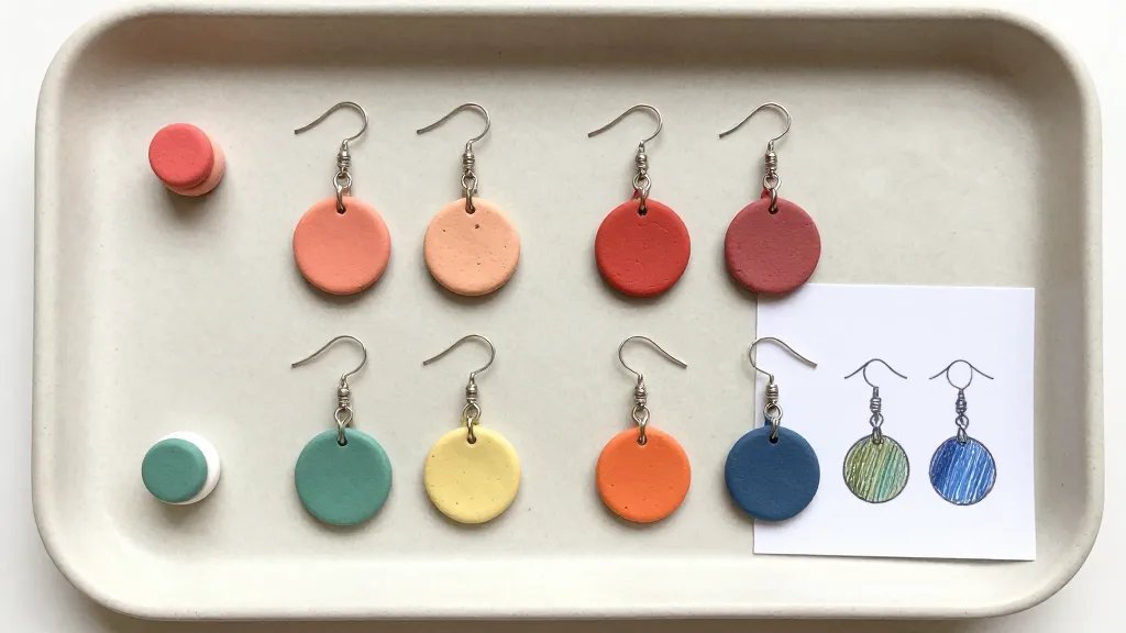 A flat lay composition of colorful clay pod earrings and matching charms in complementary tones, displayed on a neutral tray with subtle textures, paired with a few tiny handmade magnets and a sketch of potential colorways in the corner, all without any text.