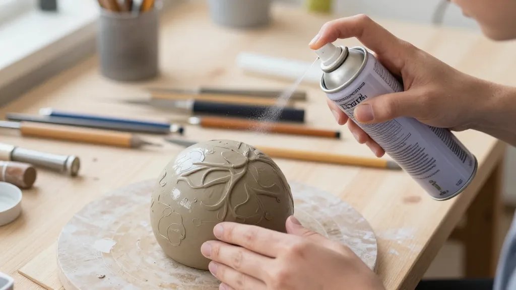 A close-up, studio-style scene of a hands-on clay sculpting space: a petrified air-dry clay sculpture on a wooden workbench, with someone applying a clear acrylic sealer from a spray can at a 45-degree angle, droplets captured mid-air, soft natural light, organized tools in the background, and a glossy, protected finish hint visible on the sculpture.
