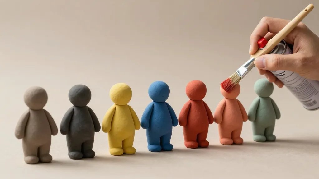 A dramatic, color-rich demonstration shot: a row of small clay figures in varied colors, each at different drying stages, with one figure being coated using a brush and another with a spray can, showing the protective sealant forming a subtle glossy layer, against a neutral backdrop and gentle studio shadows to emphasize durability and protection.