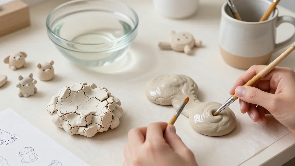 A bright, cozy craft desk scene featuring a hands-on comparison between air-dry clay and polymer clay. Include a glass bowl of water, a ceramic mug with paint brushes, two labeled clay bundles (one airy, pastel air-dry clay; one smooth, glossy polymer clay), several tiny polymer clay miniatures with ultra-fine details, and a parchment paper with sketches of tiny animals. Soft natural light, warm tones, and a subtle focus on the textures of both clays (crack-prone air-dry texture versus polished polymer surface) without any text in the image.