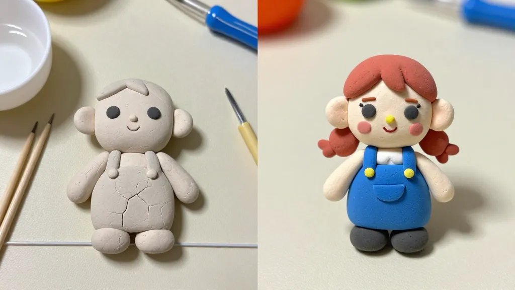 A playful tabletop setup showing a kid-friendly air-dry clay project and a precise polymer clay sculpture side by side. On the left, a cute air-dry clay figure in progress with visible cracking-tolerance details and a drying line, along with simple tools and a small bowl of water. On the right, a tiny, highly detailed polymer clay figurine baked and cured, with a pinched-fine texture and vibrant colors, mounted on a neutral display stand. Use bright, inviting colors and ensure no text appears in the scene.