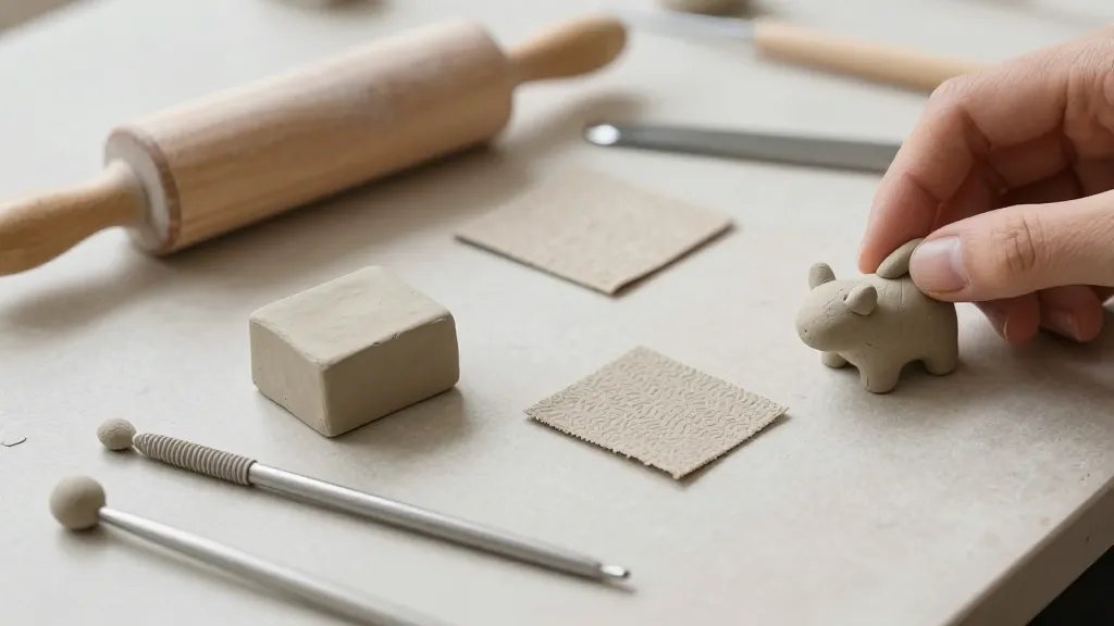 A close-up still life of a minimalist clay workspace for small sculptures: a neutral-toned table with a small block of polymer clay, a simple rolling pin, a textured texture sheet, a basic modeling toolset (ball-end, dot, and ribbon cutters), and a partially sculpted tiny animal figure being shaped by hand, with soft, natural lighting and no text or branding visible.