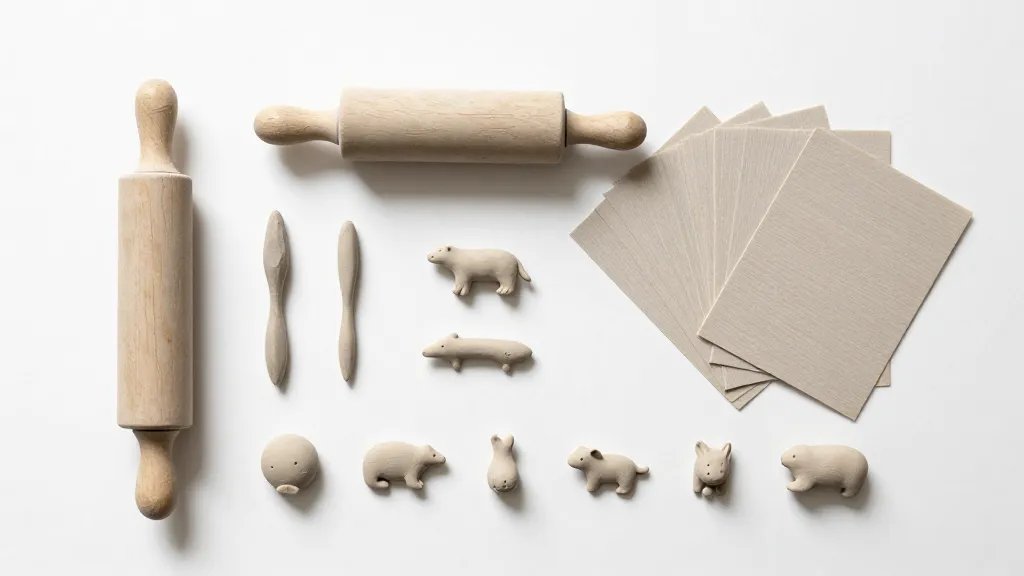 A top-down composition featuring a lean tiny studio setup: neutral clay colors, a few rolling tools arranged neatly, a small rolling pin, texture sheets fanned out, and several finished tiny sculptures in progress (miniature animals and abstract shapes) on a clean white surface, crisp shadows and a calm, organized vibe, no text.