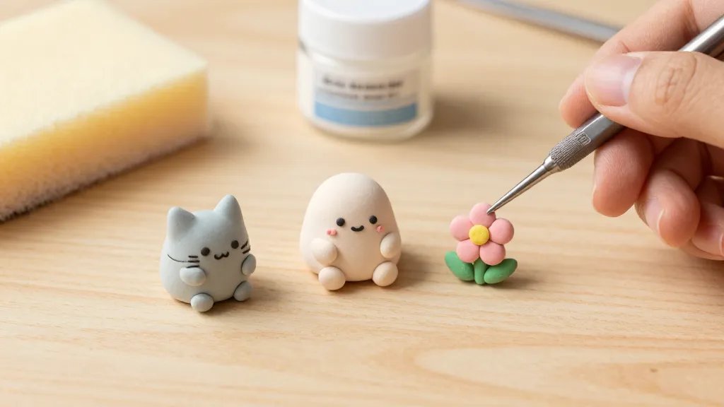 A cozy crafting scene featuring a tabletop with small, pastel-colored clay figures in various cute shapes (a tiny cat, a smiling blob creature, and a mini flower) arranged on a light wooden surface. Show close-up textures of air-dry and polymer clay, with a hand holding a tiny sculpting tool, a damp sponge, and a small jar of acrylic gesso in the background. Soft, warm lighting and subtle shadows to emphasize smooth edges, tiny seams, and painted details.