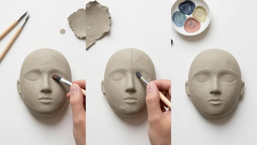 A step-by-step style close-up montage: three stages of painting a clay character (before painting, mid-painting with a thin brush applying highlights, and final minimalist face). Include a scrap piece of clay with color test dot, a faint seam line carved with a sculpting tool, and a tiny dish with mixed pastel paints. Flat lay composition with a clean, white workspace and gentle depth of field to highlight texture, primed surface, and color POP.