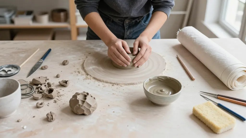 A side-by-side studio scene: on the left, a messy work surface with scattered clay scraps, dust, and a partially wedged lump, with a clean, organized right side showing wrapped clay, a small bowl of slip, a damp sponge, and neatly arranged tools; a calm, focused beginner in the middle, hands ready to wedge, natural light from a window, no text.