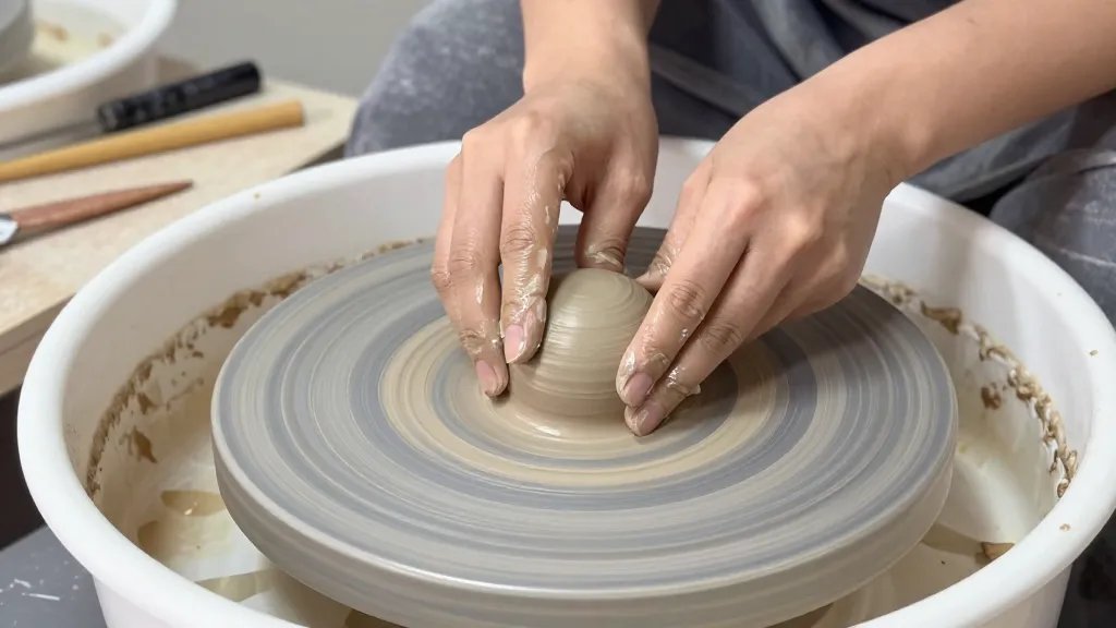 A turntable or small pottery wheel with a well-centered clay ball being shaped by steady hands; include a close-up on the touchpoints showing even pressure and a thin slip-and-score line being prepared; background shows a tidy workspace, tools in place, and a protective apron to hint at proper prep and control. No text.