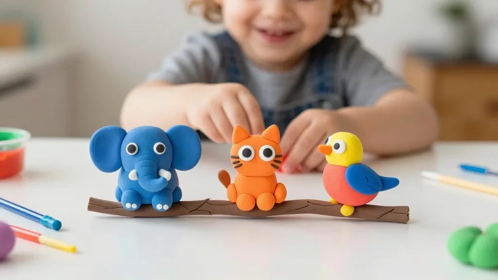 A bright, indoor craft table scene featuring a smiling toddler hands shaping colorful clay into three small, goofy animals: an elephant with teardrop ears, a pinch-and-roll cat with big eyes, and a silly perch-ready bird. The clay pieces are in vibrant primary colors, with a simple paper branch as the perch and a few tiny sculpting tools scattered nearby. Soft, warm lighting and a clutter-free background to emphasize mess-free crafting.