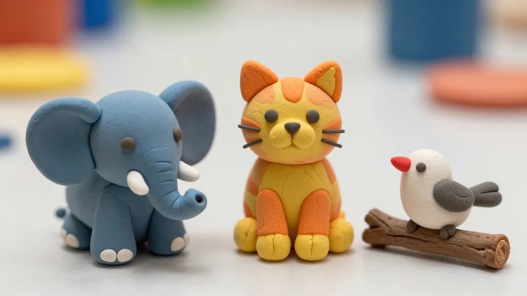 Close-up macro shot of three mini clay sculptures resting on a kid-friendly workspace: a blue-gray elephant with tiny teardrop ears, a striped orange-and-yellow cat with textured fur using your fingers, and a small perched bird with a red beak on a twig-shaped branch. Include subtle water-dab sheen on joints for attachment, and emphasize tactile textures and soft clay surfaces with a shallow depth of field to blur the background.
