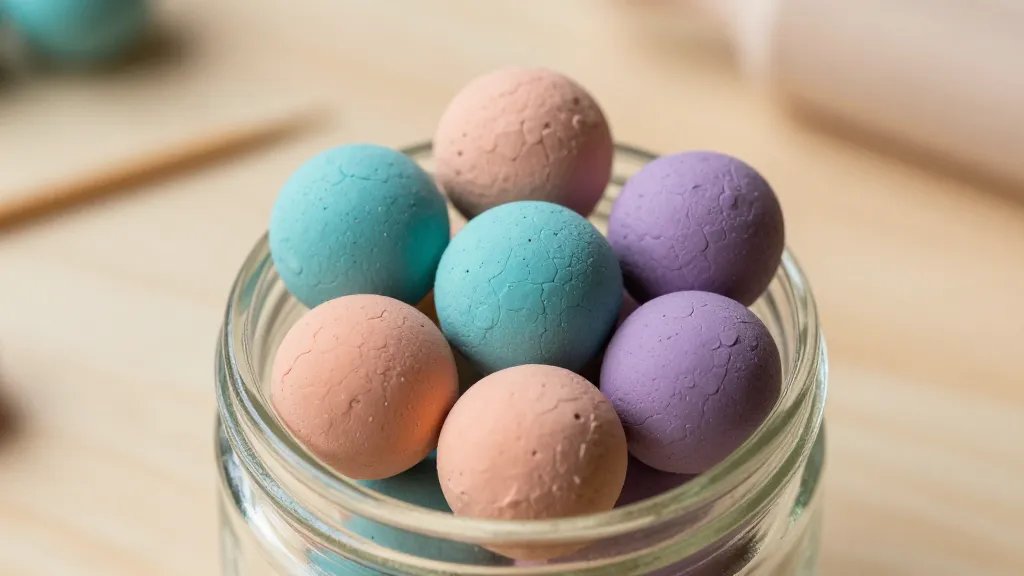 A close-up of several tiny clay planet beads arranged in a small glass jar, each sphere with cratered textures and subtle speckled acrylic paint colors (turquoise, peach, and lavender). The background is a light wooden desk with soft, natural lighting and a few tiny studio tools (toothpick, mini rolling pin) blurred in the back, with a shallow depth of field.
