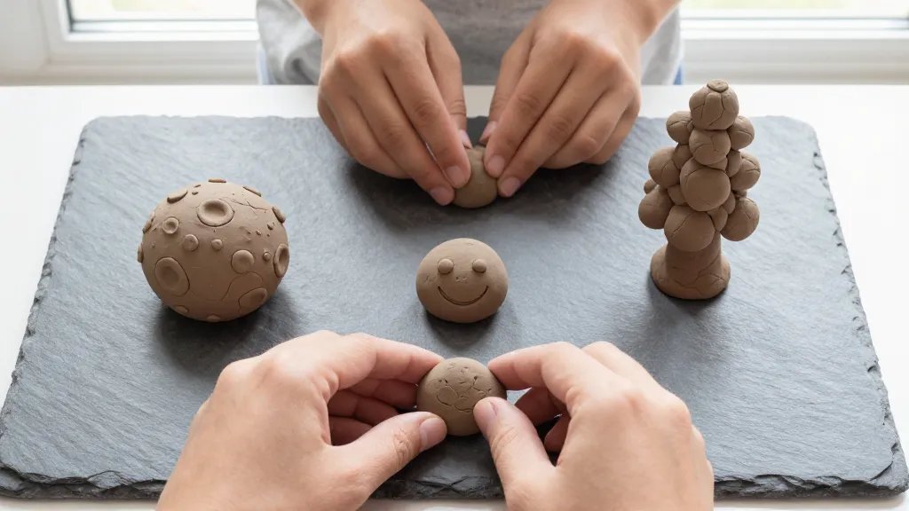 A top-down composition of a workspace featuring three 10-minute clay crafts in progress: a small cratered planet, a tiny smiley-faced clay blob, and a miniature clay tree on a neutral slate surface, with hands shaping one piece in the frame, bright daylight from a nearby window, and minimal clutter to convey quick, joyful creativity.
