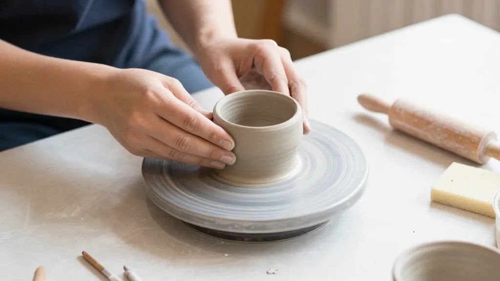 A bright, inviting beginner-friendly crafting scene featuring a hands-on pinch pot in progress: soft air-dry clay being gently pinched into a small, round vessel on a smooth, uncluttered table, with natural light casting gentle shadows, and subtle labels or tools like a damp sponge and a small rolling pin nearby, all in a clean, cozy craft space.