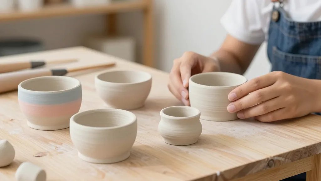 A cheerful close-up of a novice ceramic project journey: several tiny pinch pots of varying shapes and sizes arranged on a wood-slat table, with the hands of a beginner shaping one pot, pastel-colored clays, and a soft-focus background of a simple, organized art nook to convey immediate, achievable results.