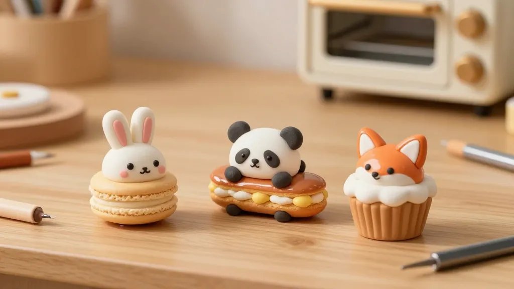 A cozy desk scene featuring a collection of tiny dessert-themed clay animals (miniature bunny macaroon, panda éclair, and fox cupcake) with glossy, glazed finishes. The creatures are arranged on a natural wood workspace with small sculpting tools, a tiny oven in the background, and a soft, warm light casting gentle shadows, no text.