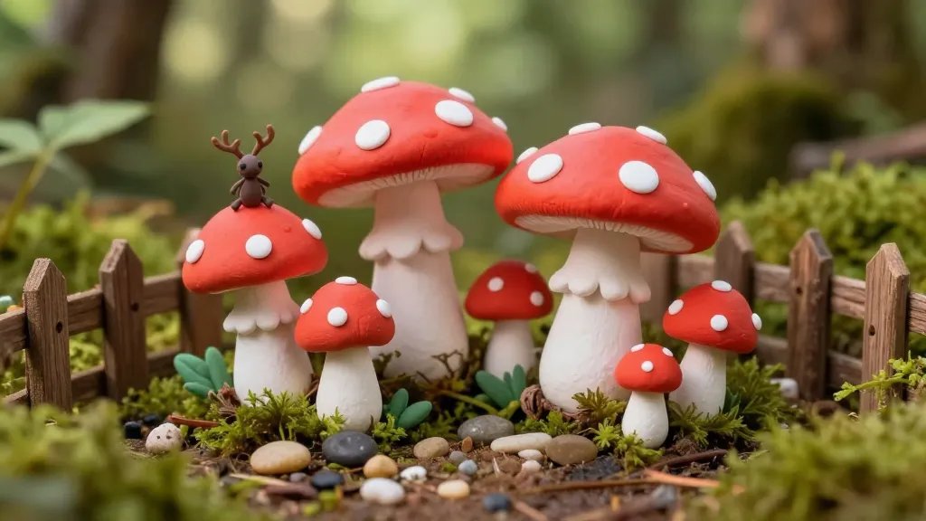 A whimsical fairy garden scene featuring a cluster of tiny, hand-sculpted air-dry clay mushrooms with bright red caps polka-dotted with white, nestled among tiny moss, pebbles, and a miniature wooden fence, under dappled forest light with a tiny antler-sized smile perched on a mushroom cap as a charming focal point, all in soft, vivid colors and a mix of matte and glossy textures.