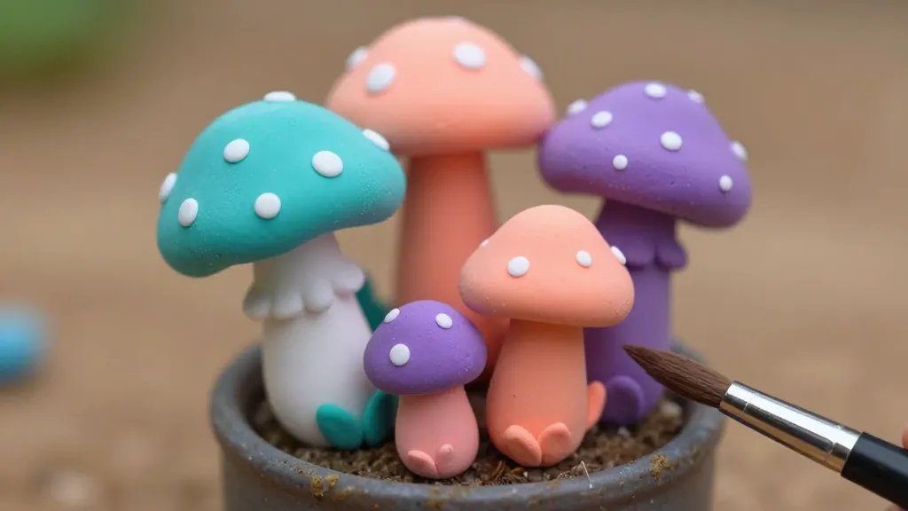Close-up macro shot of several polymer clay mushrooms in bold and pastel hues (turquoise, peach, purple) with detailed dotting and painted gills, shown on a small pot edge with natural earthy backdrop, a fine brush and dotting tool visible in the scene, emphasizing texture, color variety, and a sealed, slightly glossy finish.