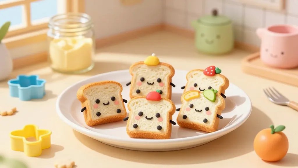 A bright, cheerful kitchen scene showcasing a plate of tiny kawaii toast characters. Each toast slice has a different face with edible markers, a little hat or accessory, and friendly arms made from fruit slices. The background includes soft pastel colors, a jar of butter, and a few cookie cutters and fruit shapes casually placed on the counter, with warm morning light streaming through a window.