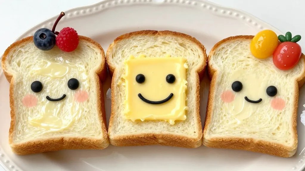 Close-up montage of three toast characters in a row on a decorative plate, each with distinct expressions and accessories (one with a tiny berry hat, one with a smiley butter smile, one with a small fruit bow). Use vivid, glossy textures to emphasize the toast, butter, and fruit details, and ensure no text is visible on the image.