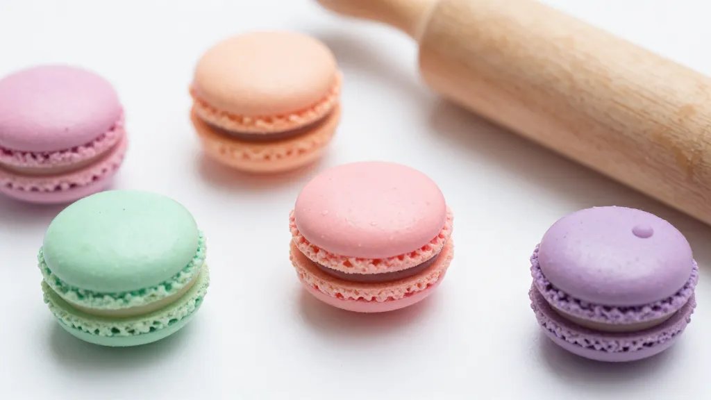 A close-up, high-detail shot of several tiny polymer clay macarons arranged on a clean white surface, showing pastel colors (blush pink, mint, lavender) with visible foot ridges, a small dotting tool and a rolling pin nearby, glossy glaze giving a shiny shell effect, and delicate, miniature fillings peeking from between the shells, all without any text in the image.