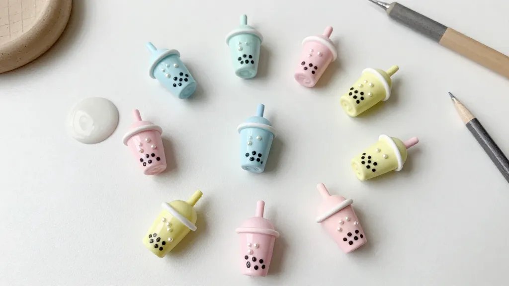 A bright, top-down composition featuring multiple tiny boba tea charms in pastel colors arranged on a flat, clean surface, each charm showing crisp cup edges, tiny painted highlights, uniform pearls, and a tiny clamp-like bail; include a few scattered clay tools and a small gloss finish sheen to emphasize the miniature craft vibe.
