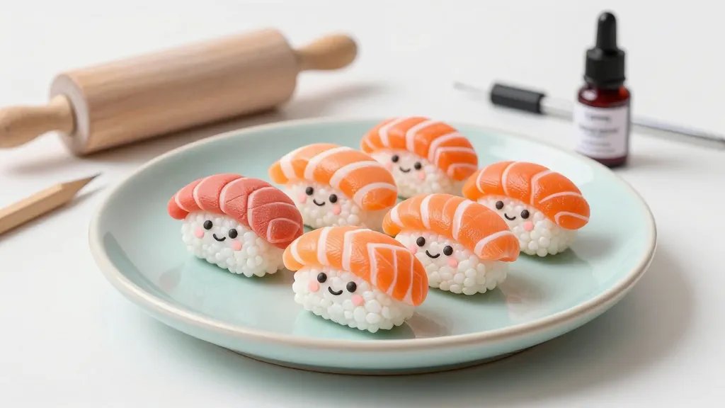 A whimsical still-life scene of handmade polymer clay smiling sushi figures arranged on a pastel ceramic plate, with each piece featuring bright orange salmon nigiri, white rice, and tiny pink cheeks; include a clear rolling pin, clay modeling tools, and a small bottle of bakeable gloss glaze in the background, studio lighting, soft shadows, no text.