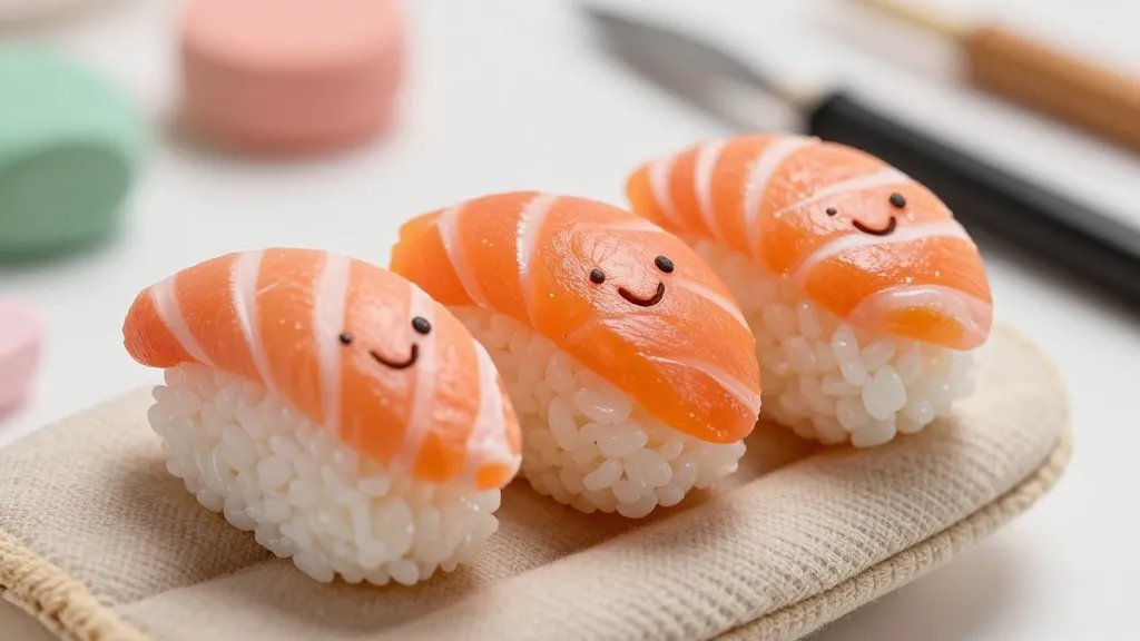 A close-up macro shot of three polymer clay smiling sushi characters (nigiri shapes) held in a baker’s mitt, showing intricate textures: grainy rice surfaces, glossy orange salmon tops, and tiny smiles carved with a toothpick; background blurred pastel workspace with clay colors and a precision blade, high-detail, no text.