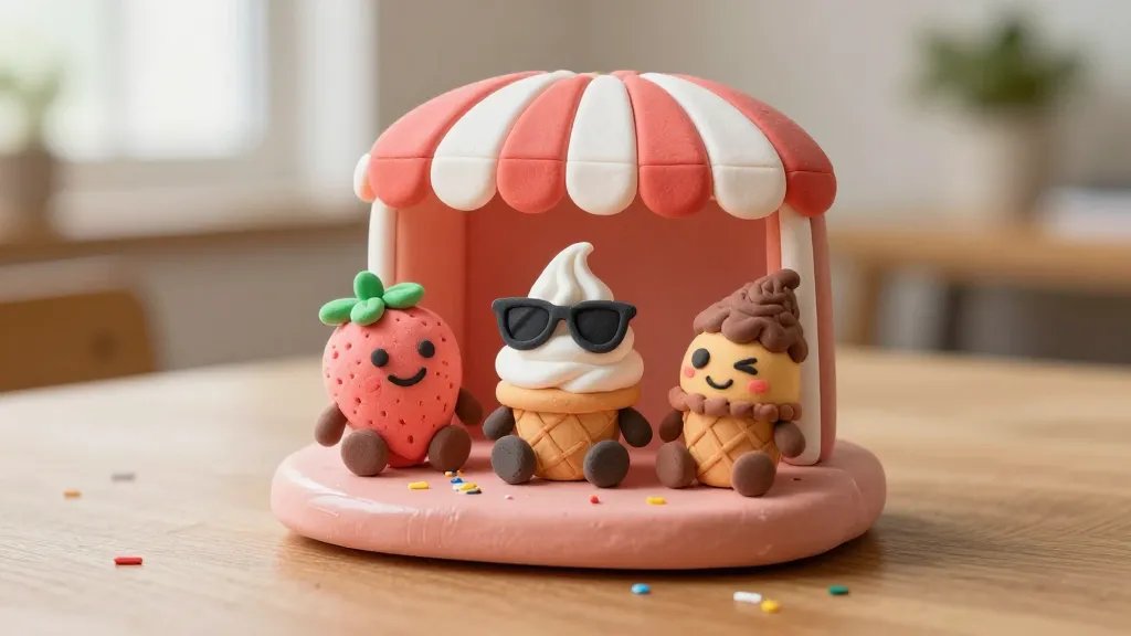 A close-up studio shot of a tiny clay ice cream theatre scene on a wooden desk, featuring three mini ice cream characters with expressive faces: a strawberry scoop with a cheeky grin, a vanilla swirl wearing oversized sunglasses, and a chocolate cone doing a wink. The characters sit on a miniature stage made of glossy clay “platter” with tiny sprinkles as confetti, soft natural light from a nearby window, and a subtle bokeh background to evoke whimsy without text.