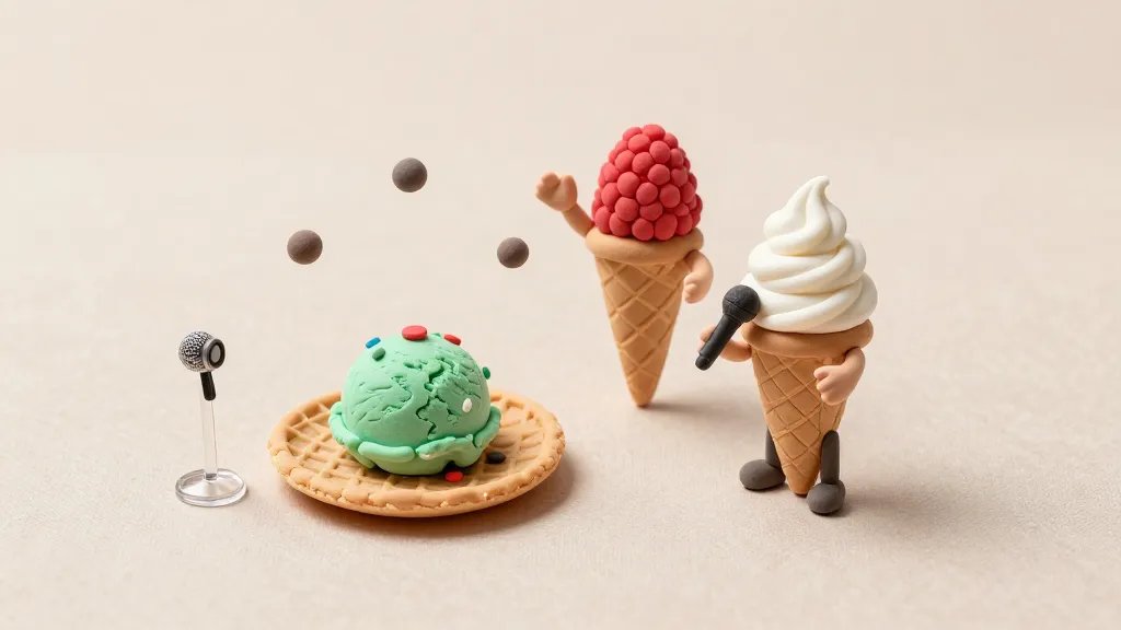 An overhead composition of a tiny clay ice cream troupe performing a playful scene: a mint scoop balancing on a wafer plate while juggling tiny clay sprinkles, a raspberry scoop waving, and a vanilla swirl acting as the host with a tiny clay microphone. The set sits on a textured pastel cloth backdrop with tiny props like a sugar-glass microphone stand and miniature spotlight accents, emphasizing texture, color, and personality. No text included.