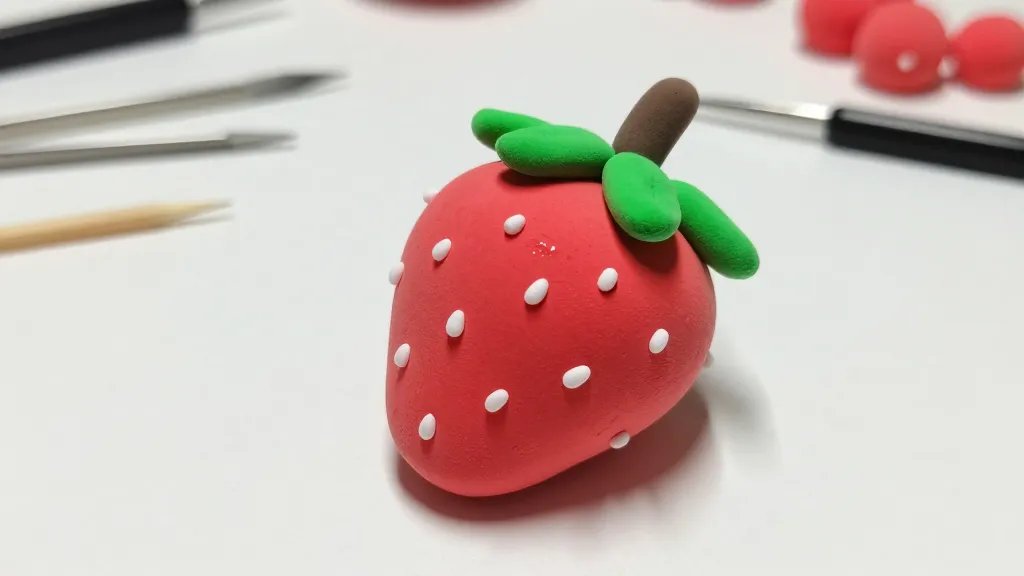 A close-up, high-contrast photo of a playful clay strawberry crafting scene: bright red polymer berries with tiny white seeds dotted across the surface, glossy glaze catching a subtle highlight, a green clay leaf perched on top, set on a clean white workspace with scattered tiny tools (needle tool, toothpick) and a softly blurred background, no text.