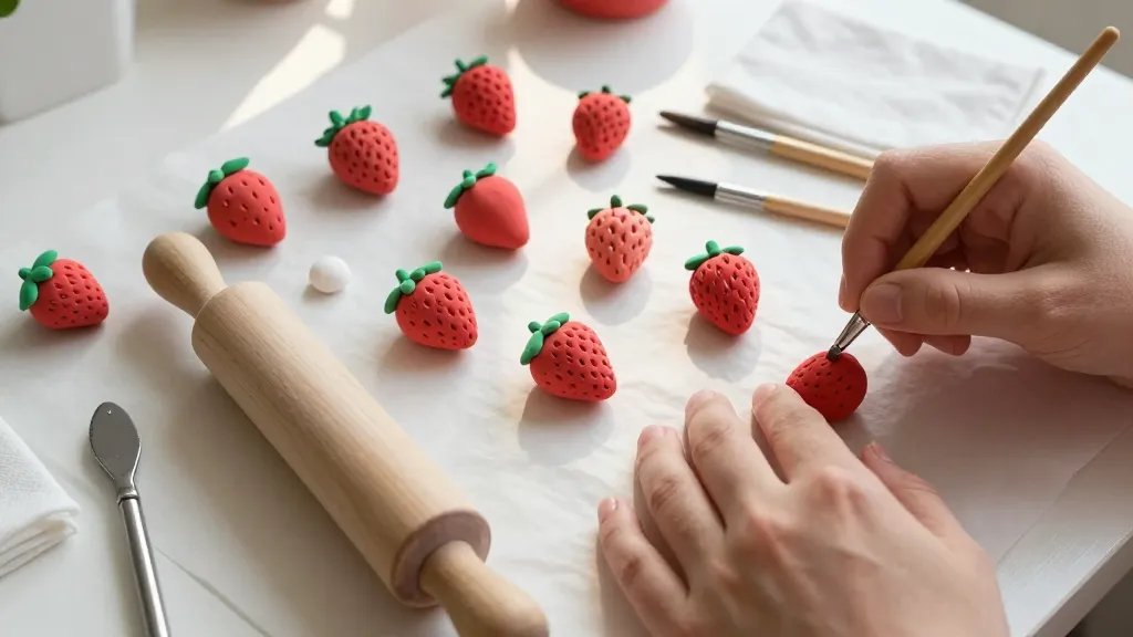A cozy, crafty still-life of multiple small clay strawberries in progress: hands shaping a red strawberry with a rolling pin and conditioning tools nearby, a sheet of parchment and a napkin within reach, natural light from a window casting gentle shadows, featuring a mix of red, green, and white clay pieces and fine-tipped brushes ready for detailing, no text.