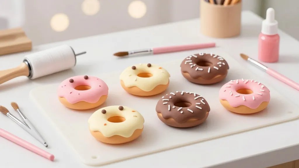 A bright studio workspace featuring handmade kawaii clay donuts in pastel colors (blush pink, vanilla, chocolate, and white sprinkles) arranged on a clean silicone mat with sculpting tools, a Y-shaped bottle roller, fine brushes, and a glossy glaze bottle; lighting soft and cheerful with bokeh background to evoke a playful, DIY vibe, no text in the image.