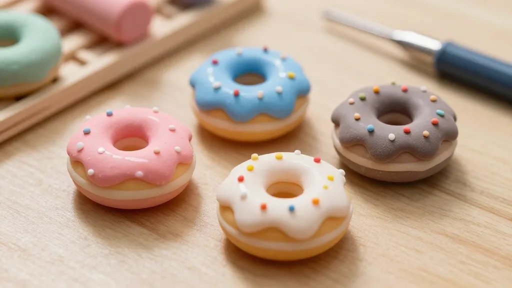 Close-up shot of tiny clay donut creations showing delicate details: glossy glaze, tiny sprinkles, and a sturdy base; focus on ultra-fine tools pastel-colored donuts on a wooden workspace, with a hint of a drying rack and gloss glaze catching the light, no text in the image.